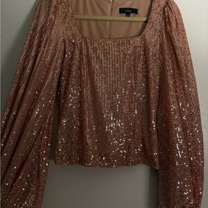 Lulu's Gold Sequin Blouse with Puff Sleeves and Square Neckline